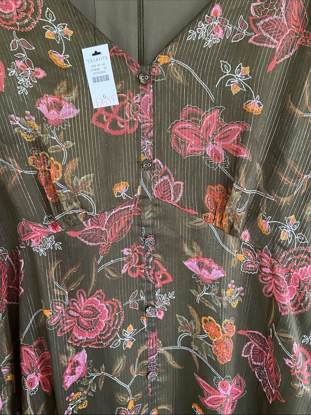 Talbots Olive Floral Long-Sleeve Midi Dress with Pink Accents and Gold Shimmer - Picture 4 of 4